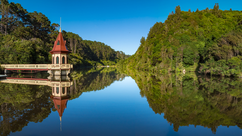 Lower lake with valve tower - Zealandia ecosanctuary, Wellington