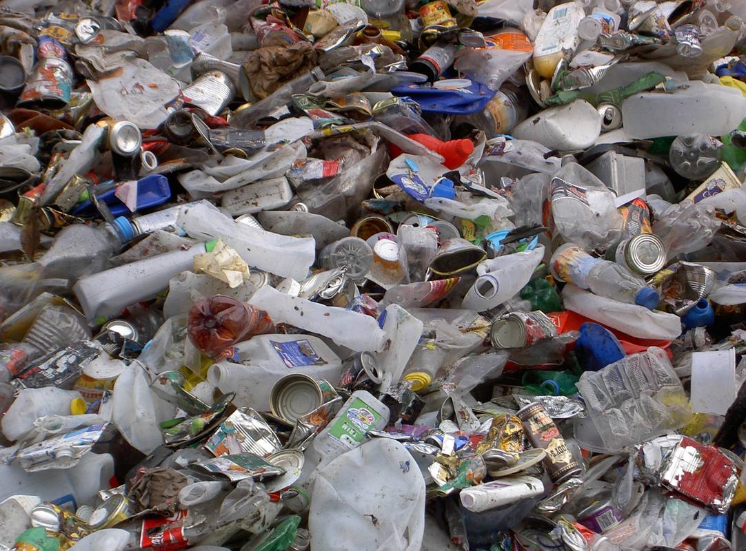 A mass of recyclable waste: Bottles, cans, paper etc.