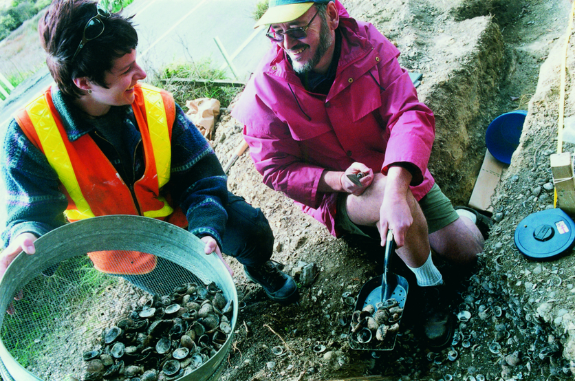 2 scientists sieving a midden to determine its contents.