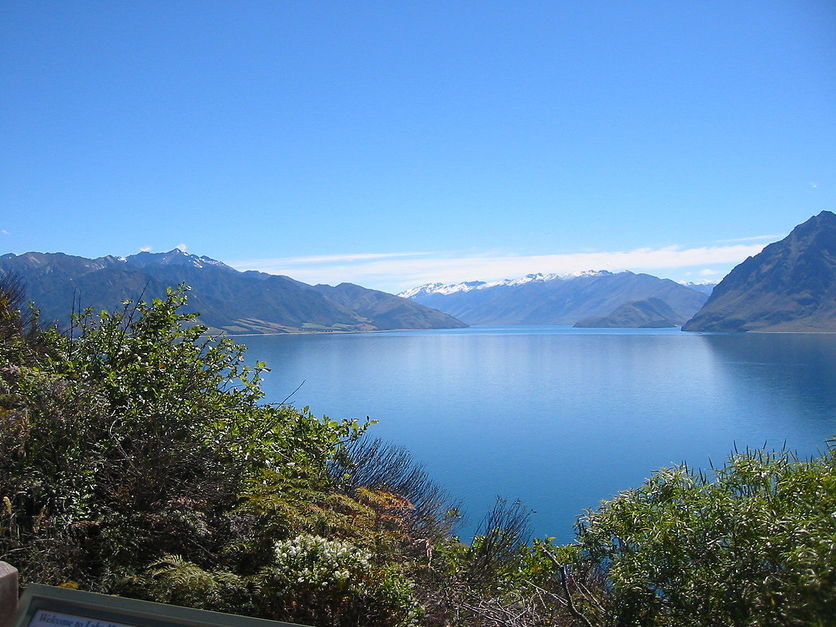 View over bush of Lake Hawea, New Zealand on a clear day.