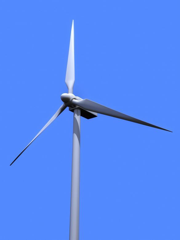 Close up view of a wind turbine used in modern wind farms.