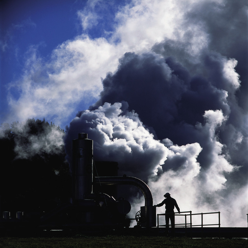 One of Contact Energy Geothermal power station, steam and worker