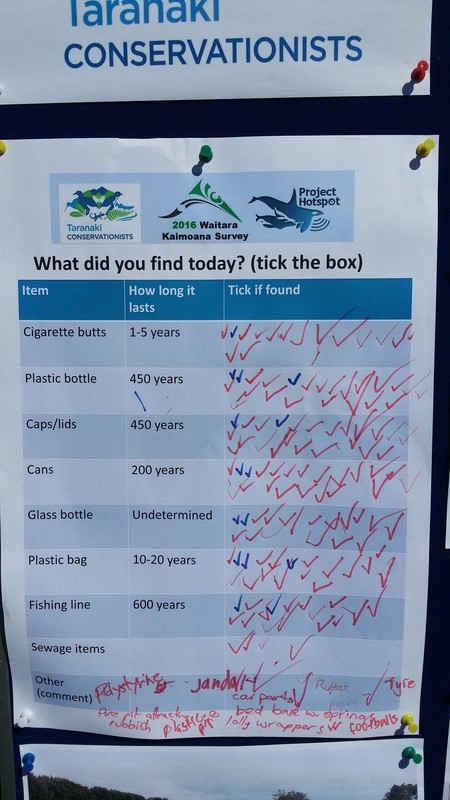 A list of litter found on the Waitara beach clean-up in 2016.