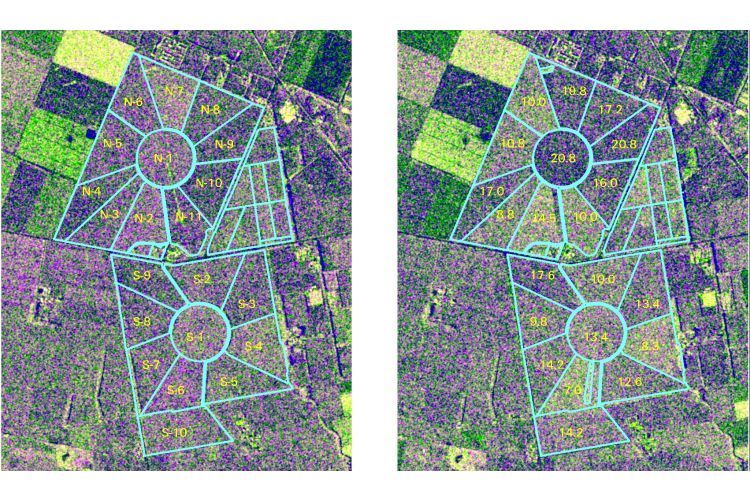 Satellite radar images of dairy pasture on two different days