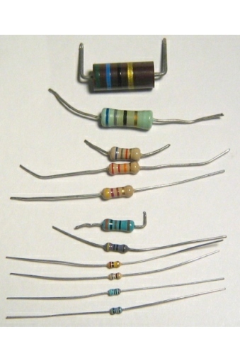 A range of resistors with their colour codes.