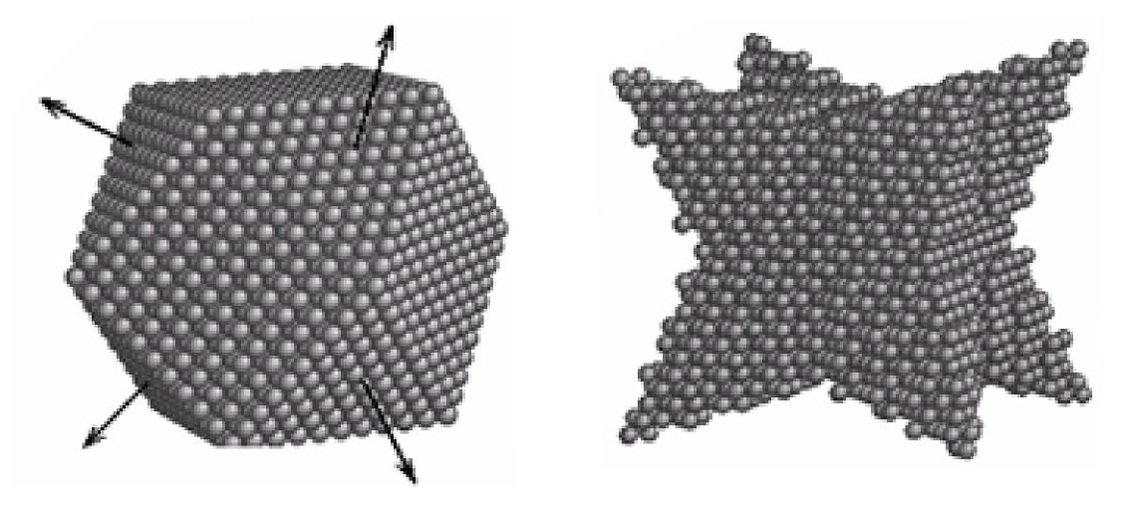 Computer image of a platinum nanocrystal and an octapod (right)