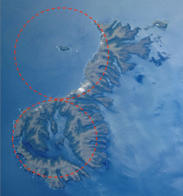 View looking down at the Auckland Islands with circle outlines