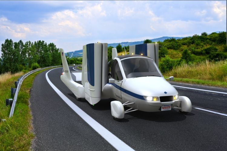 Transition® hybrid vehicle (a flying car) on a road.