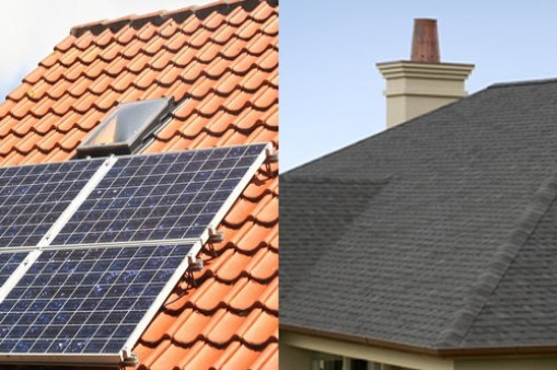 2 images of Solar roofs: photovoltaic panels and photovolt cells
