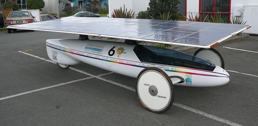 New Zealand designed solar powered car outside : Solar Kiwi. 