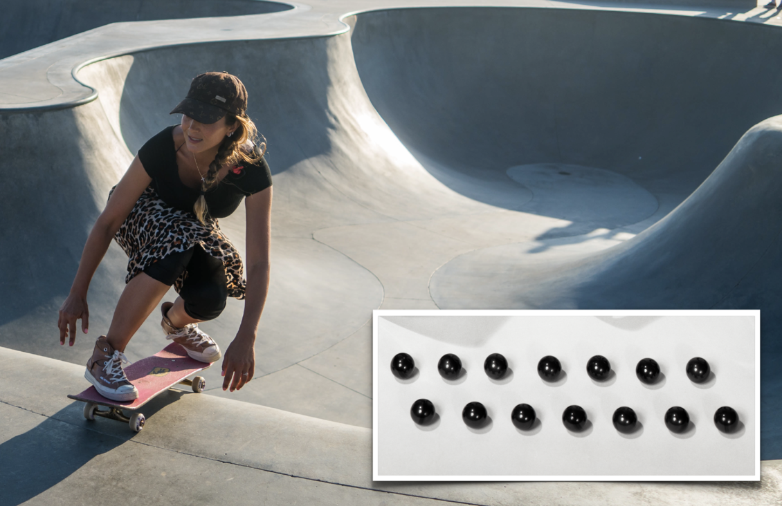 Female Skateboarder on a skateboard park + silicon nitride balls