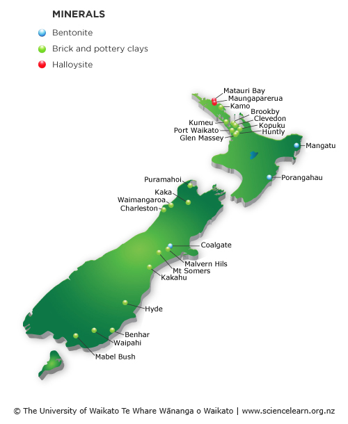 Map of the main deposits of clay found in New Zealand.