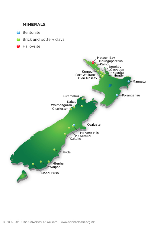 Map of the main deposits of clay found in New Zealand.