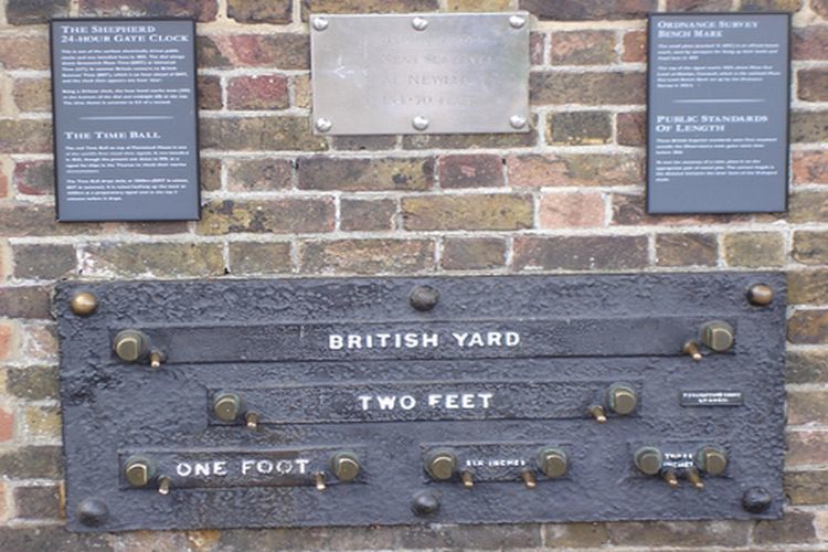 Plaque on brick wall of the British imperial standards of length