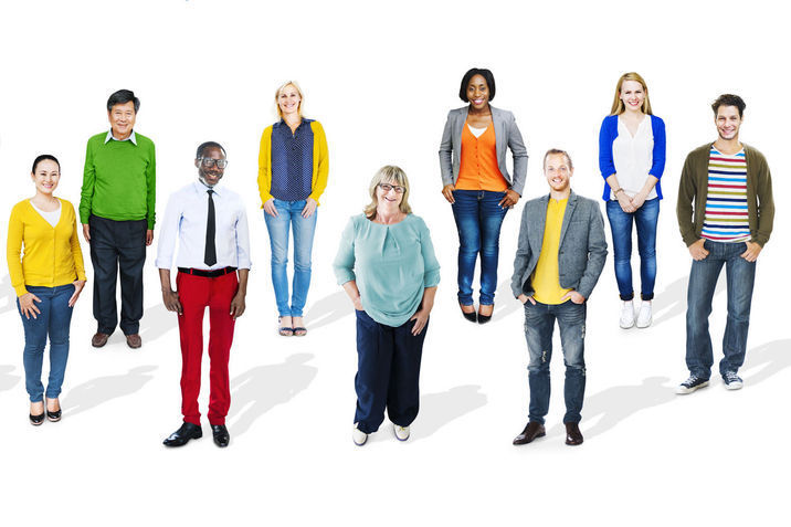 Group of 9 different adults on white background.