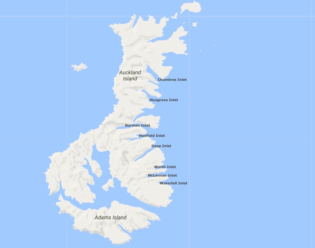 Map of Auckland Islands showing Glaciers