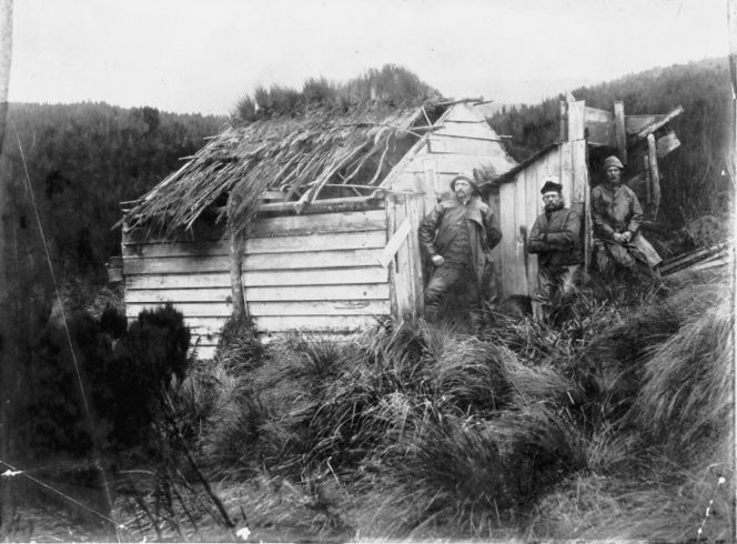 Hut on Campbell Island with 3 men in 1888.