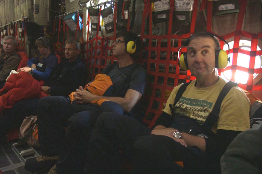 Nigel Latte and others on Hercules aircraft on way to Antarctica