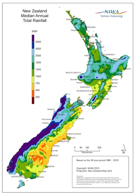 Map of New Zealand's median annual total rainfall.