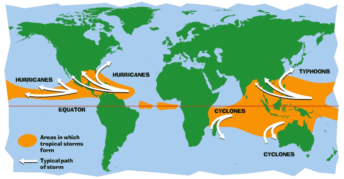Map of Earth showing Cyclones, hurricanes and typhoons movements