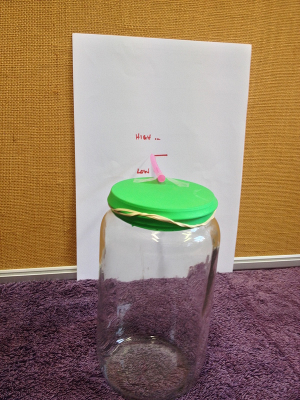 Model of a simple barometer using a jar, balloon and straw
