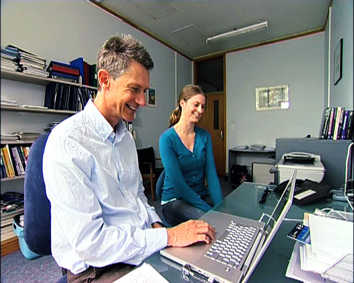 Assoc Prof Rob Dunbar and PhD student, Hayley Reynolds in office