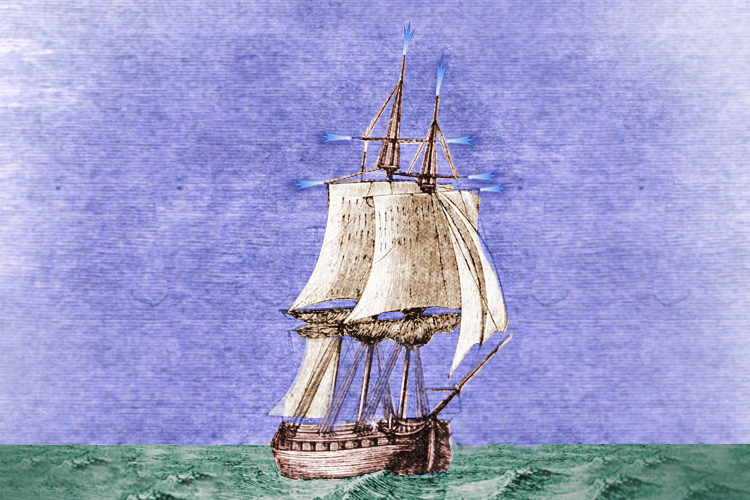 Etching of a sailing ship with blue/violet sky of St Elmo’s fire