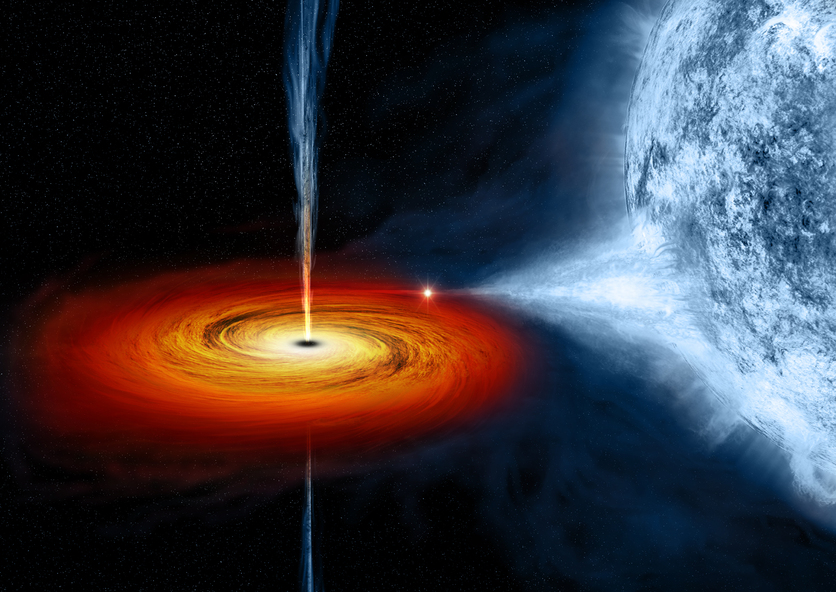 Cygnus X-1 black hole pulling matter from the nearby blue star.