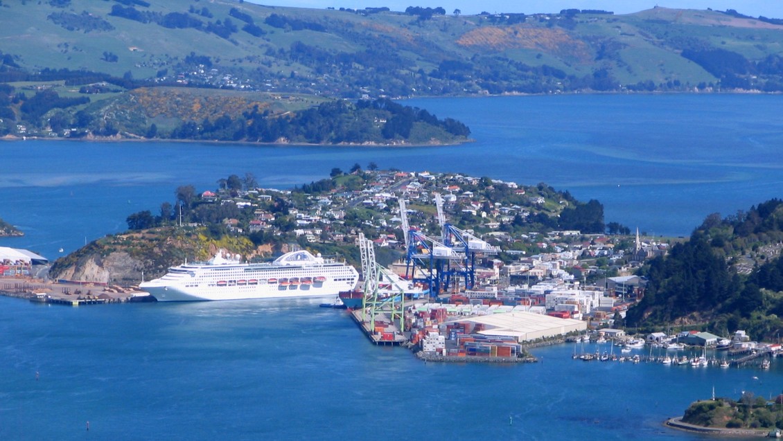 Looking down at Port Chalmers, Dunedin Harbour with cruise ship