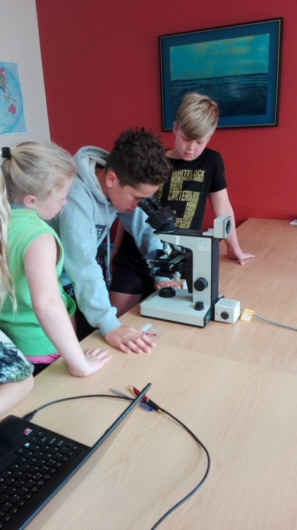 Three students using a microscope in classroom.