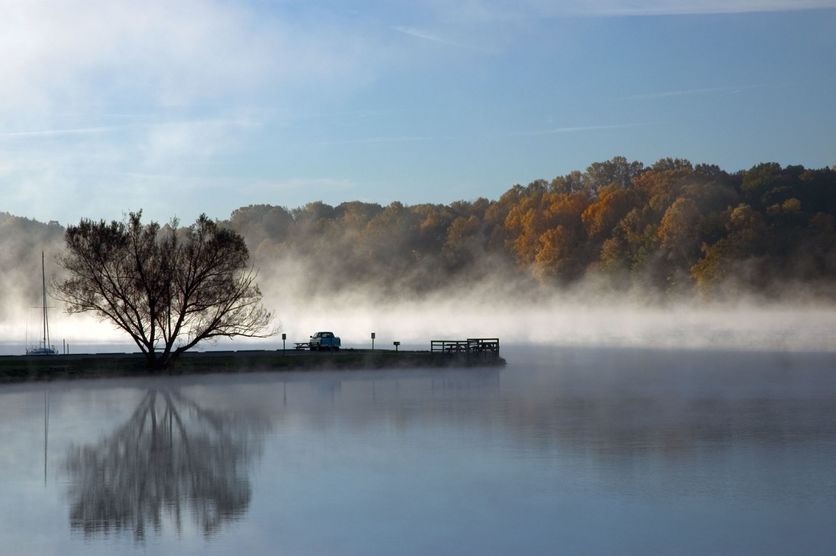 Water evaporates off a lake.