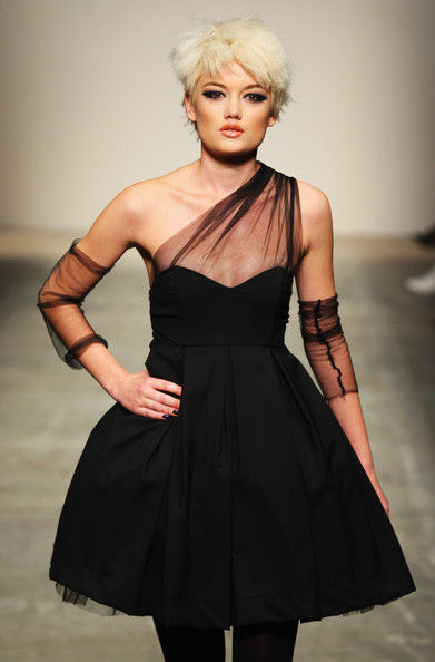 NEC wool fabric black evening dress worn by model