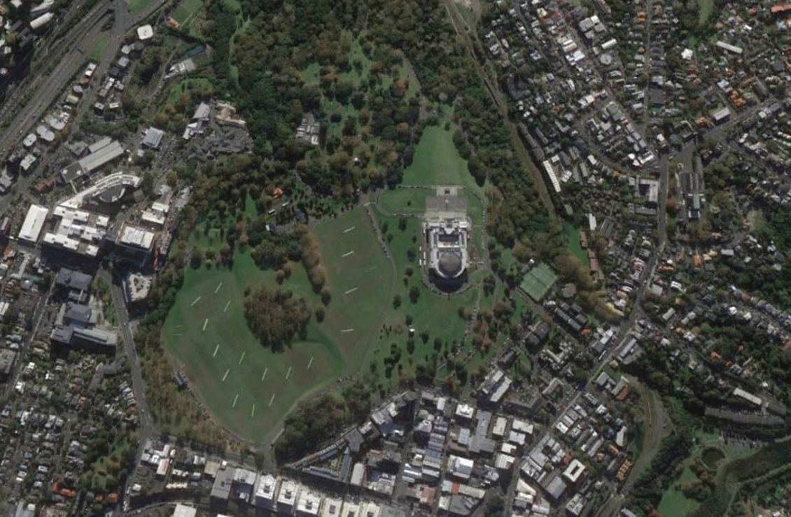 Looking down on Pukekawa (Auckland Domain) from high.