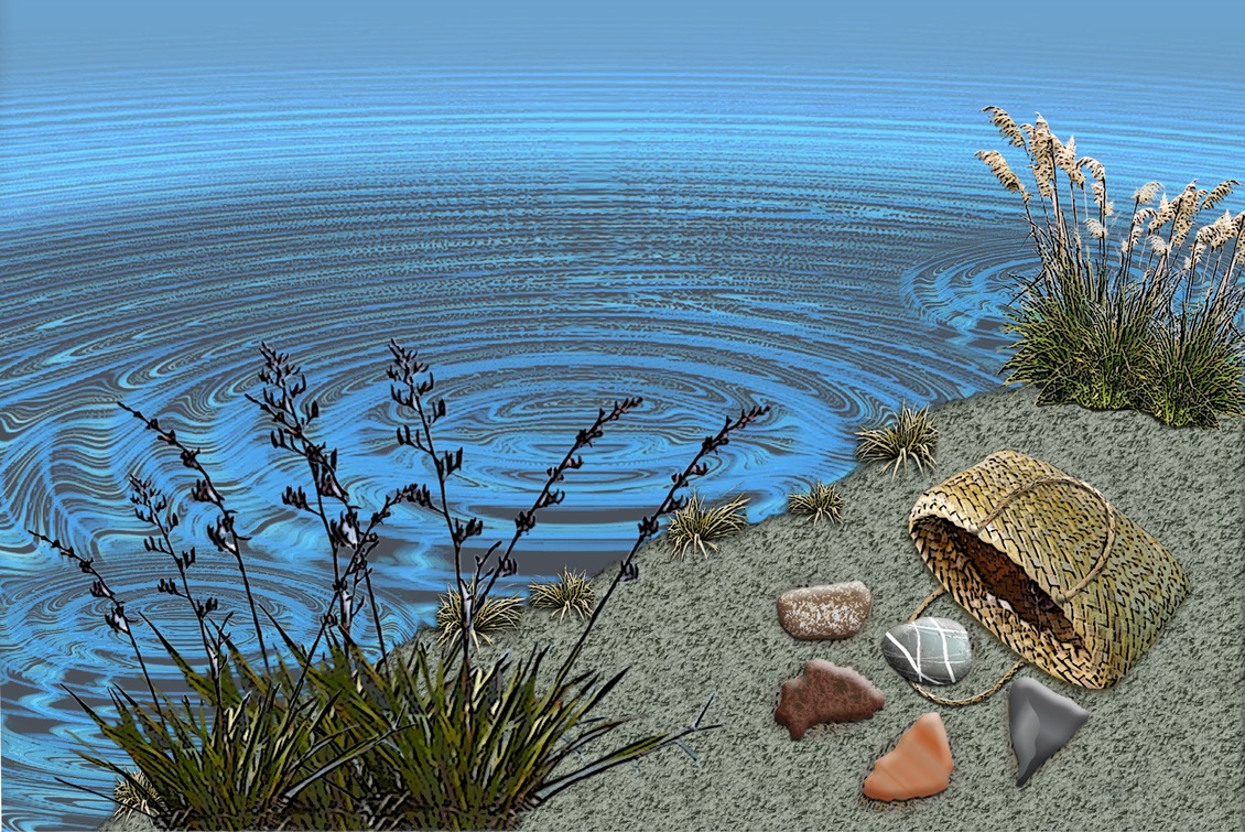 Illustration of lake with ripples, flax, kete, 5 different rocks