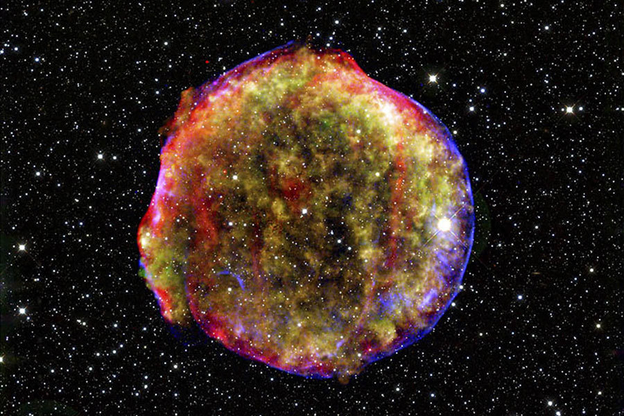 Multi-wavelength image of Tycho's supernova remnant.