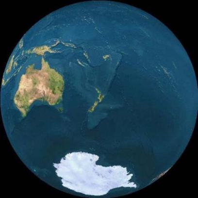 Image of the Earth from space with New Zealand in the middle. 