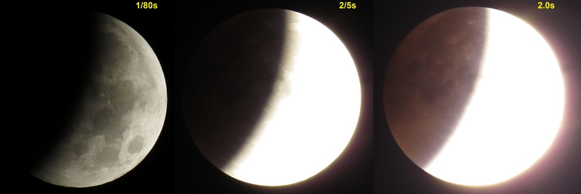 Three images showing the two regions of a lunar eclipse.