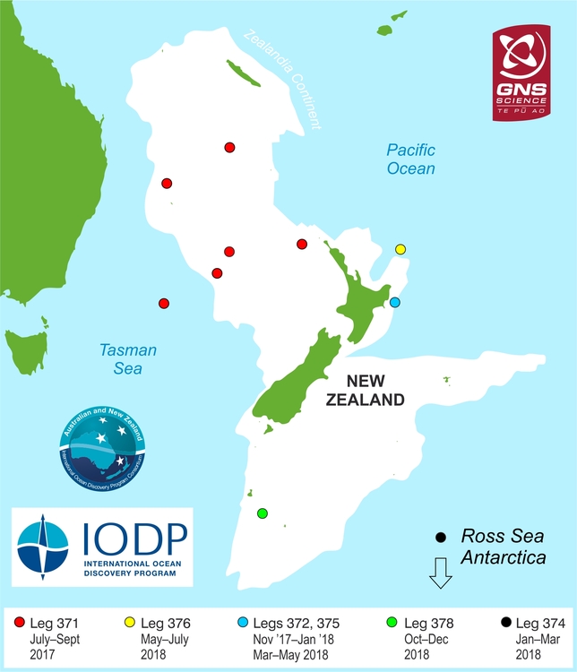 May of locations of the 6 IODP expeditions 2017-18 around NZ.