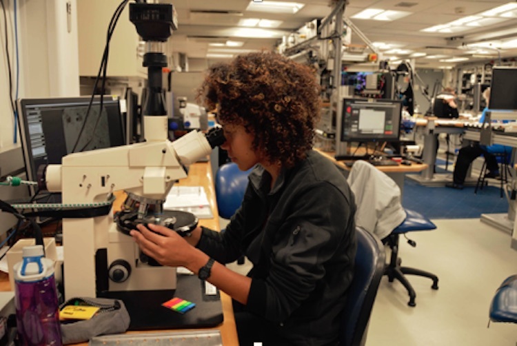 Scientist on board the JOIDES Resolution looking at microfossils