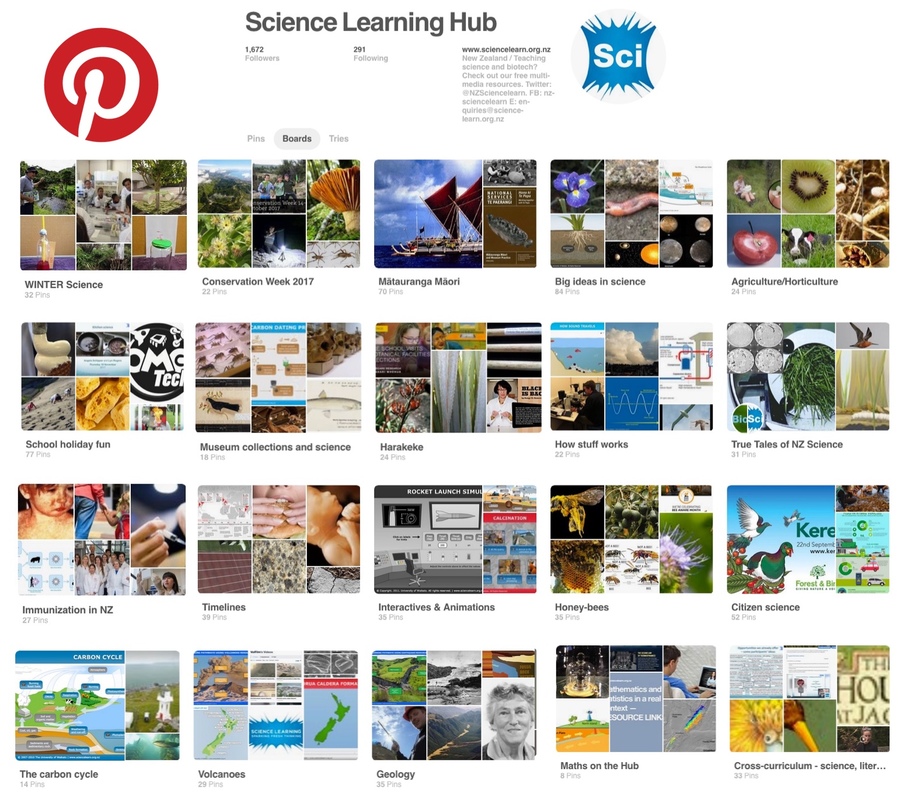Screenshot of some of the Science Learning Hub Pinterest boards