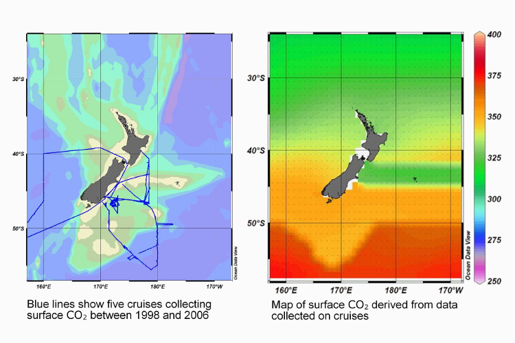 Data from cruises around New Zealand map: CO2 in surface waters