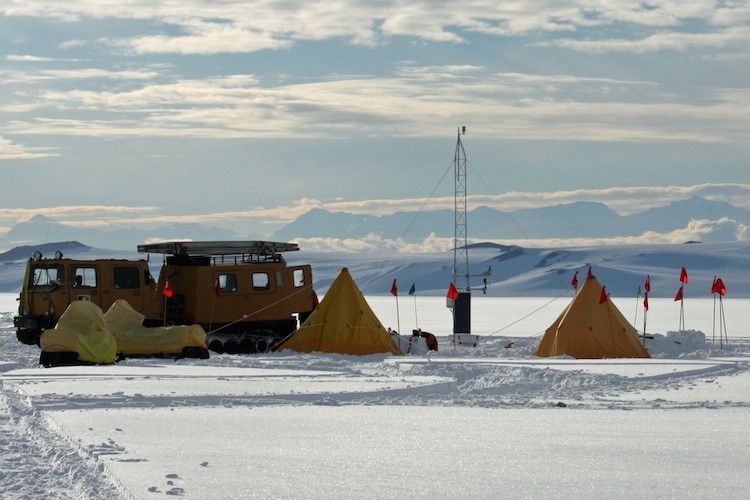 New Zealand researchers Antarctica camp with tents, vehicles etc