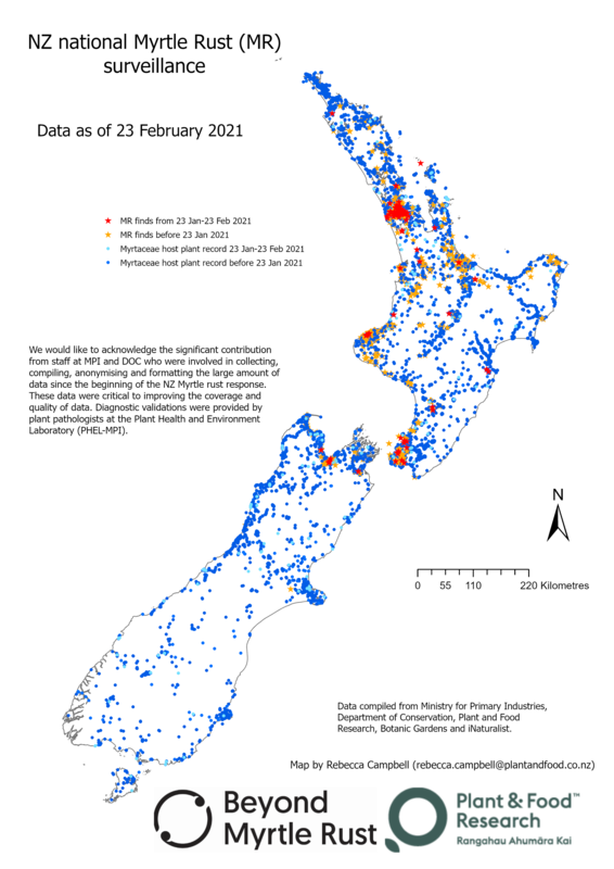 Myrtle rust surveillance map of New Zealand