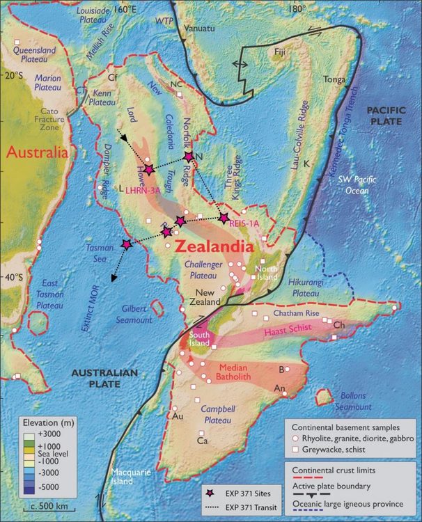 Bathymetric map of Zealandia - the continental crusts.