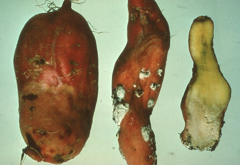 Rotting kūmara, attacked by disease-causing fungus Sclerotina.