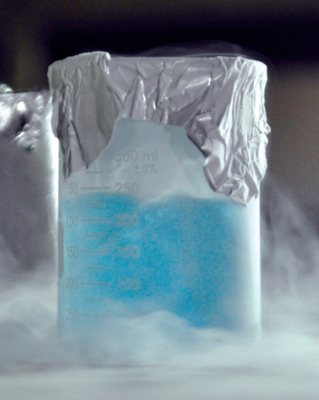 Liquid oxygen in a beaker. 