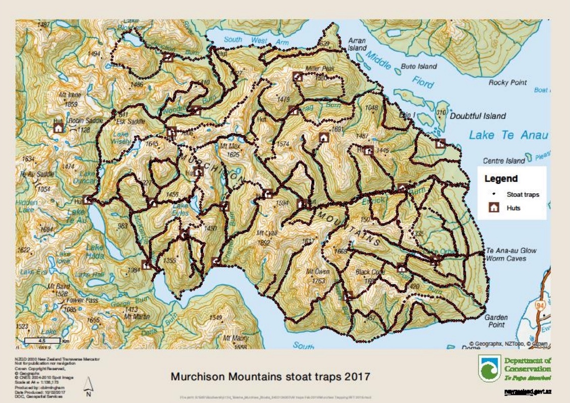 Map of stoat traps locations 2017 Murchison Mountains, Fiordland