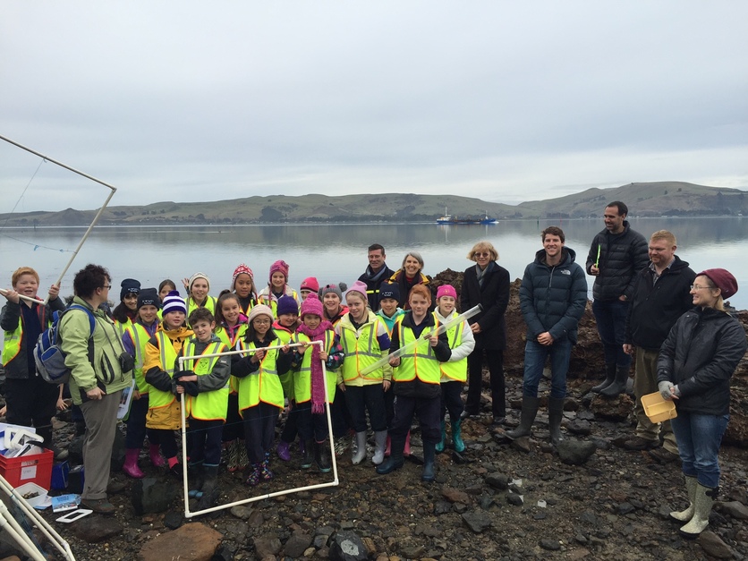 Students collecting data near Otago Harbour as citizen scientist