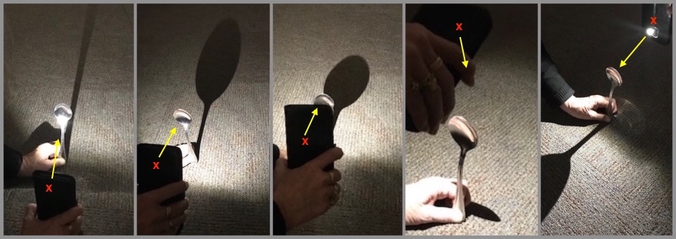 Set of images showing changes to a spoon's shadow’s size & shape