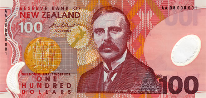 New Zealand $100 note showing Ernst Rutherford.
